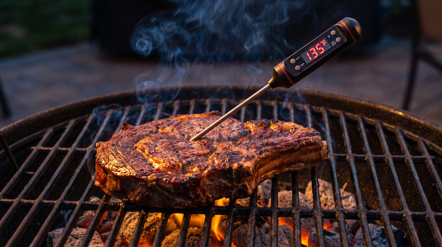 Kernthermometer in een gegrilde ribeye op de barbecue