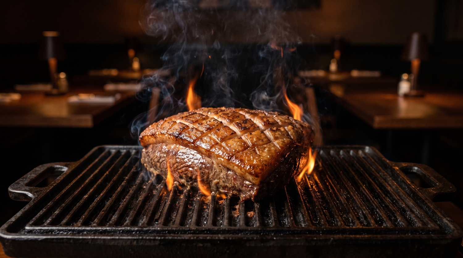 Picanha met ingesneden vetkap op een hete barbecue