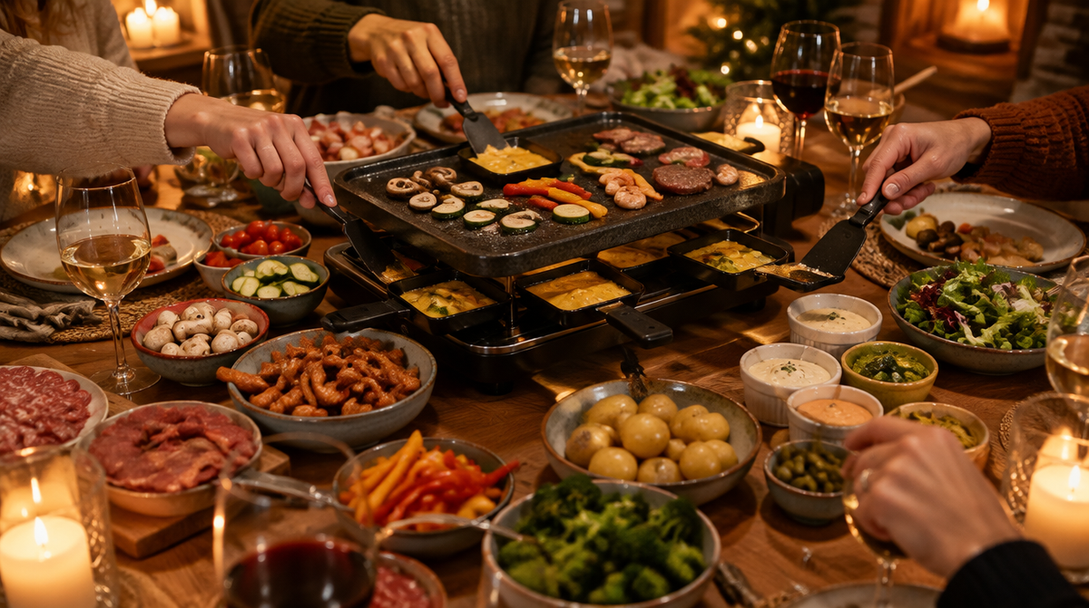 Gedekte tafel met gourmetstel, schaaltjes vlees, groenten en sauzen bij kaarslicht