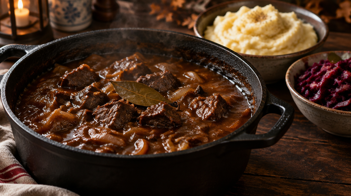 Pan met hachee van rundvlees en ui, met aardappelpuree en rodekool