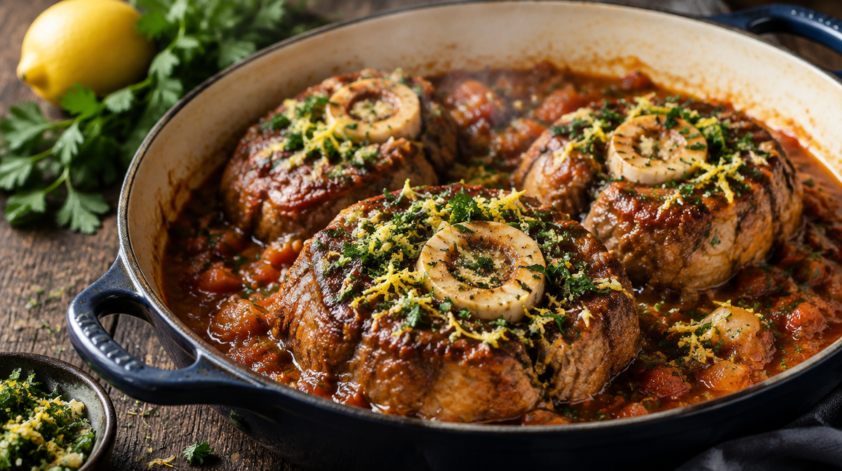 Ossobuco van kalfsschenkel in tomatensaus met gremolata, mergbot zichtbaar