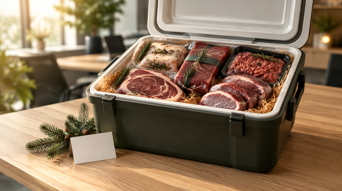 Koelbox gevuld met premium vlees als zakelijk kerstpakket op een kantoortafel