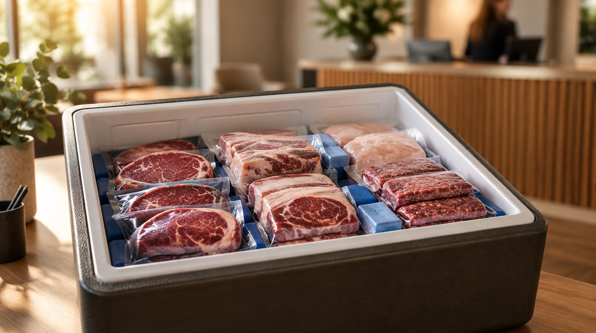 Geopende koelbox met vacuumverpakt diepgevroren vlees, klaar om uit te delen