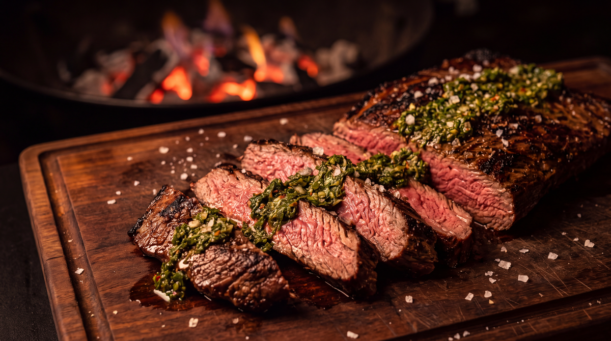 Gegrilde bavette dwars op de draad gesneden met rosé kern