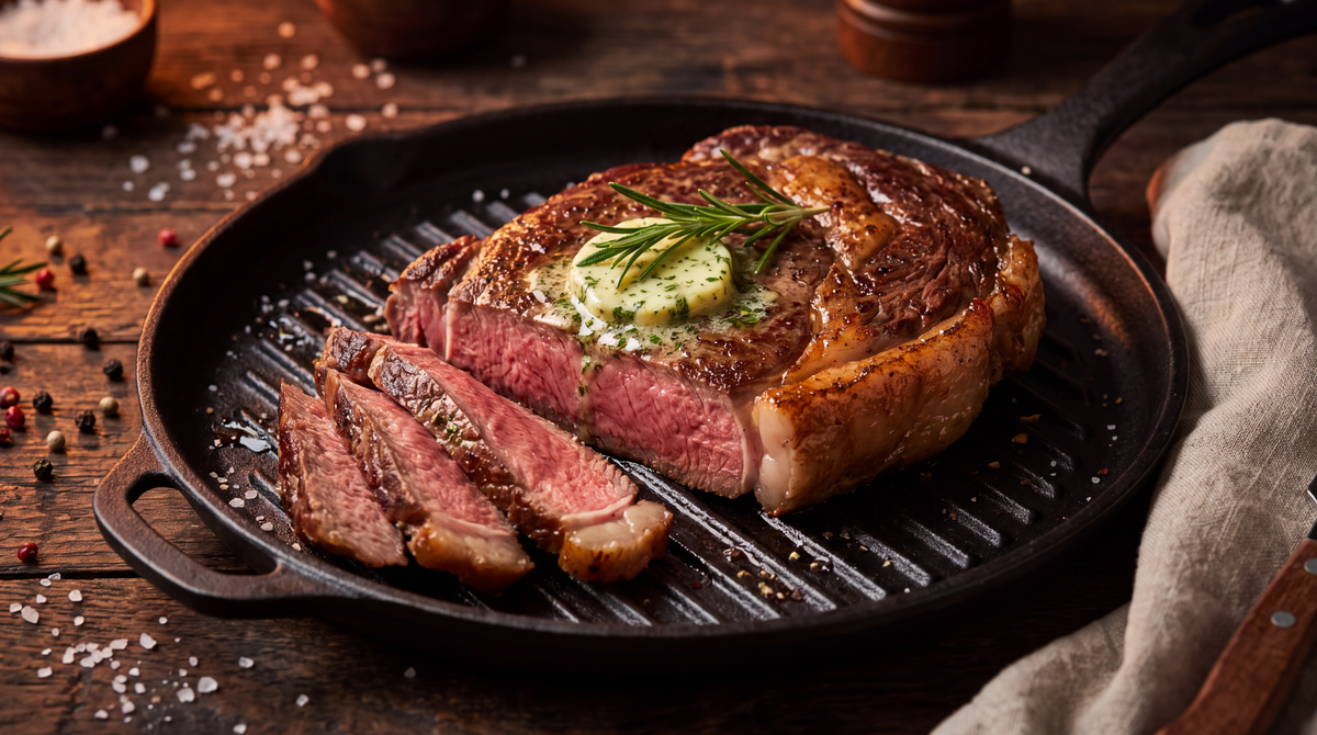 Entrecote met vetrand en kruidenboter in een grillpan, rosé aangesneden
