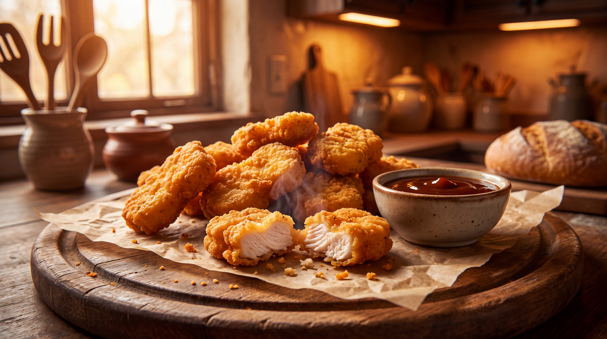 Zelfgemaakte krokante kipnuggets op bakpapier, één opengebroken