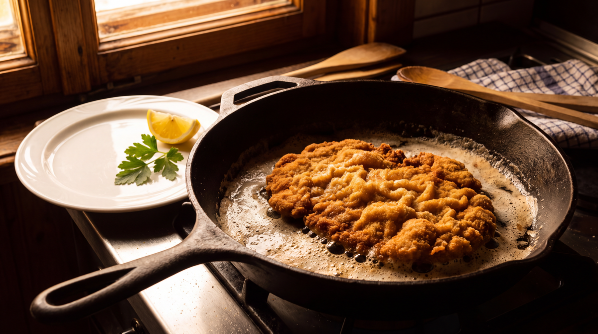 Goudbruine schnitzel met golvende korst in schuimende boter in de pan