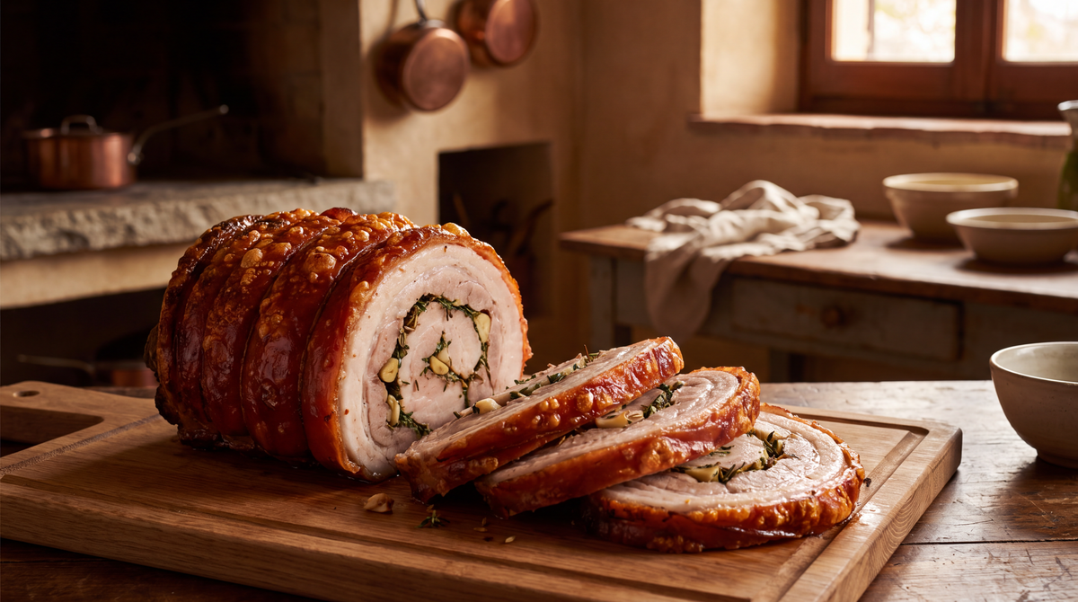 Porchetta met knapperig zwoerd aangesneden, met kruidenvulling