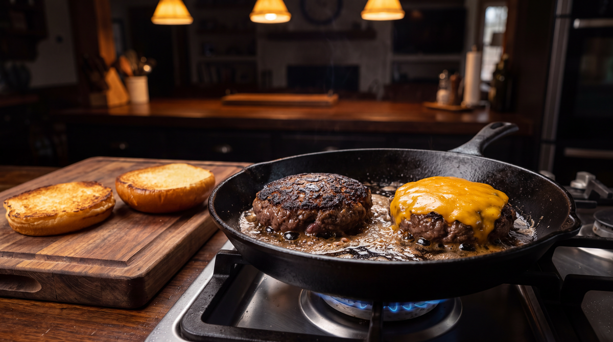 Zelfgemaakte hamburgers met korst in een gietijzeren pan