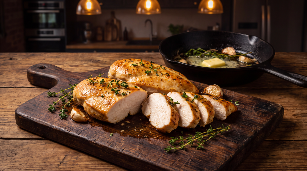 Goudbruin gebakken kipfilet aangesneden op een houten plank met tijm en knoflook