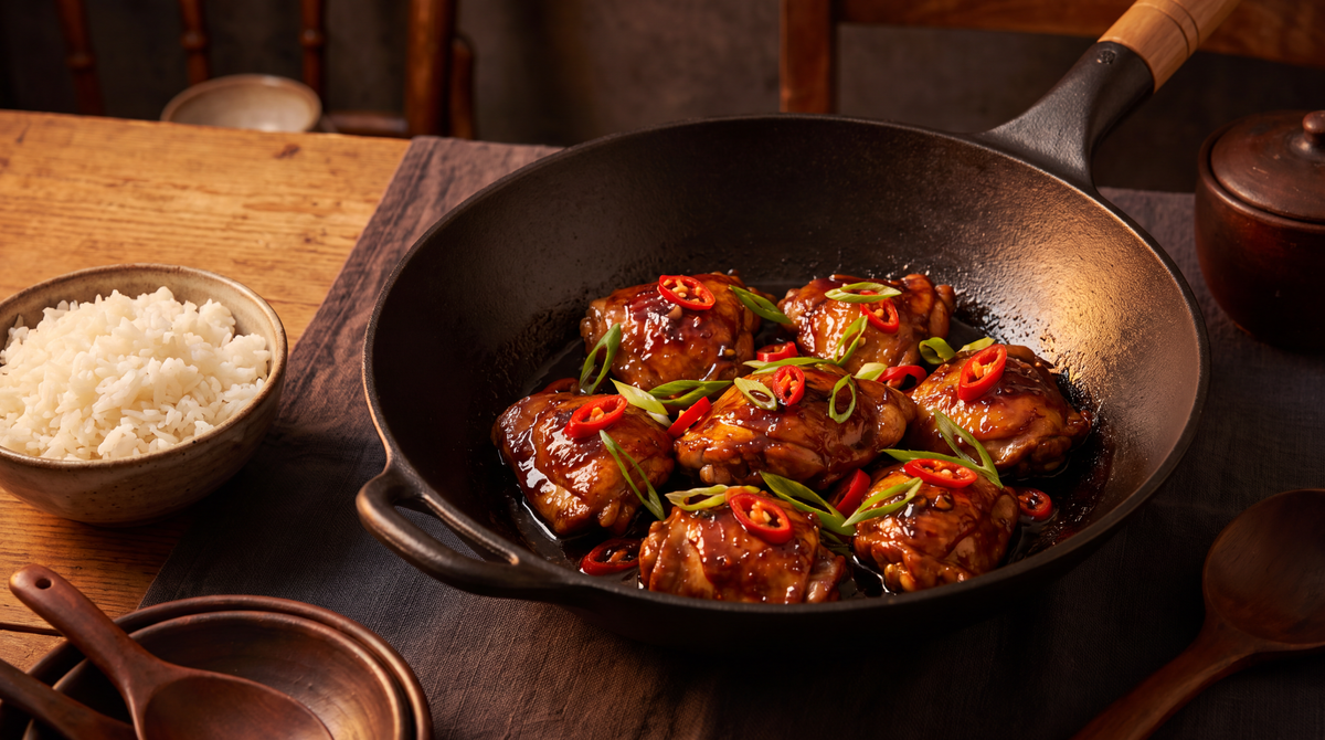 Indische kip in glanzende ketjapsaus met rode peper en lente-ui in een wok