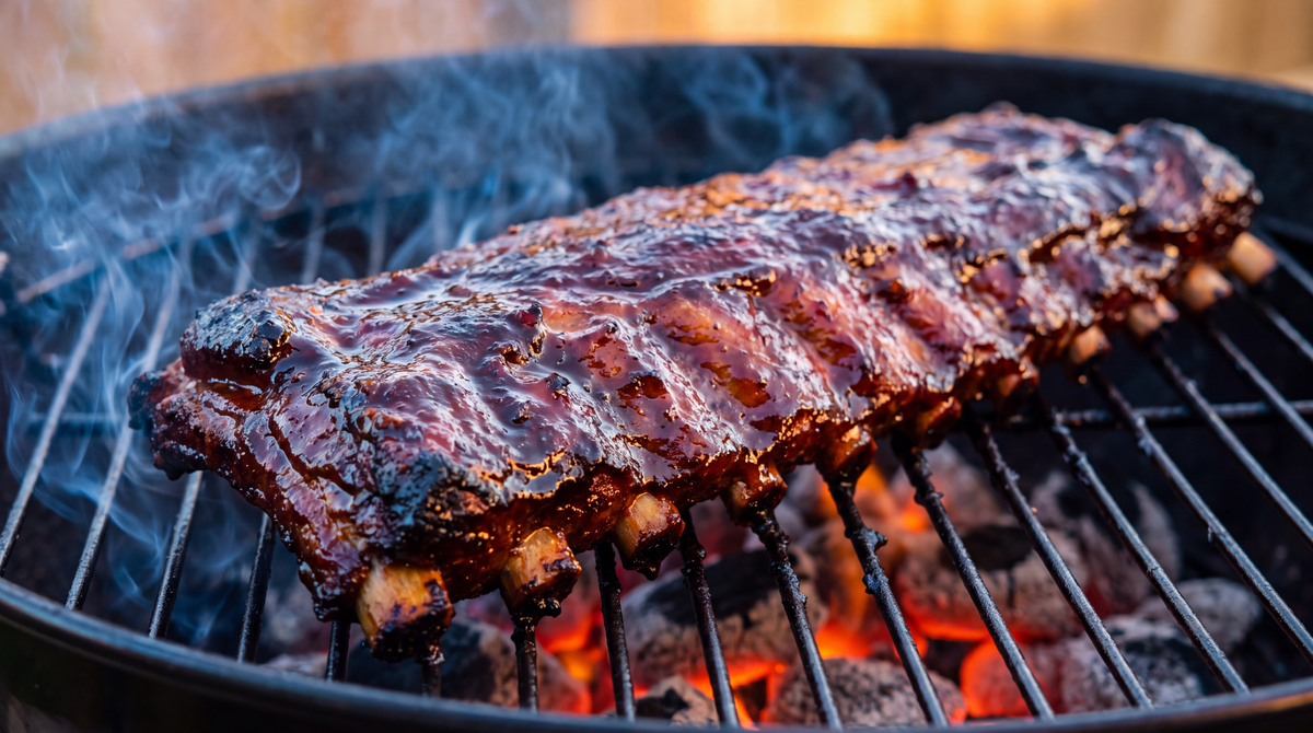 Geglaceerde spareribs op een houtskoolbarbecue met rook