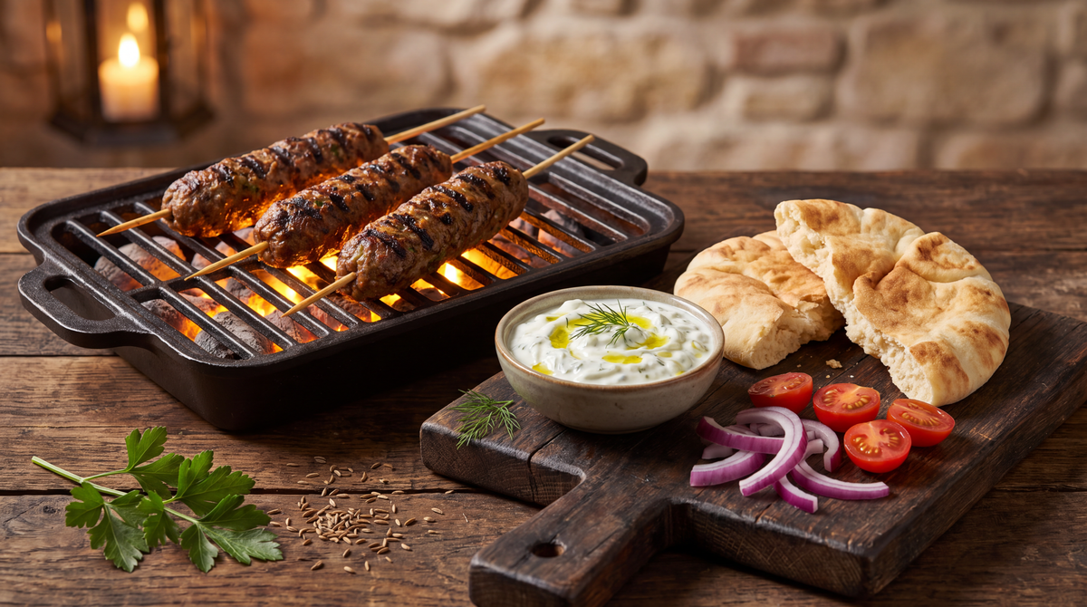 Griekse kofta van de grill met tzatziki, pitabrood en rode ui