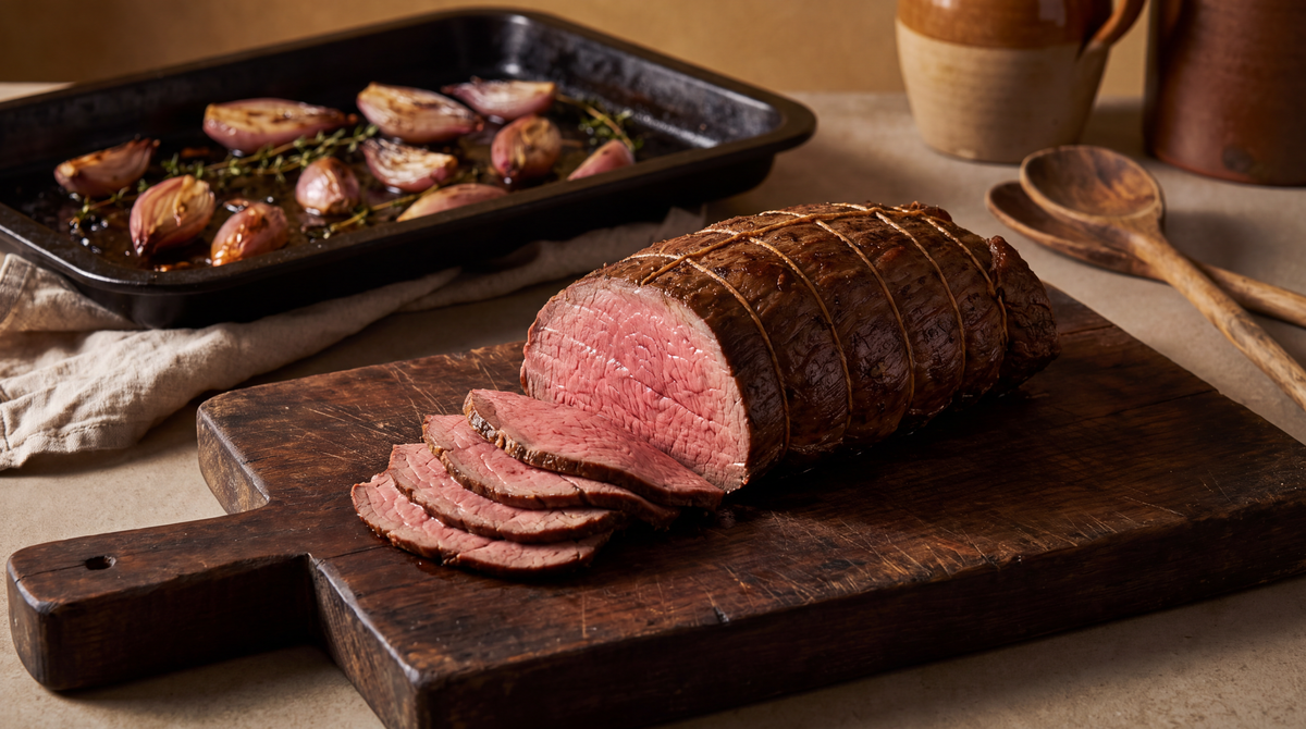 Bavette roast uit de oven, deels in dunne rosé plakken gesneden