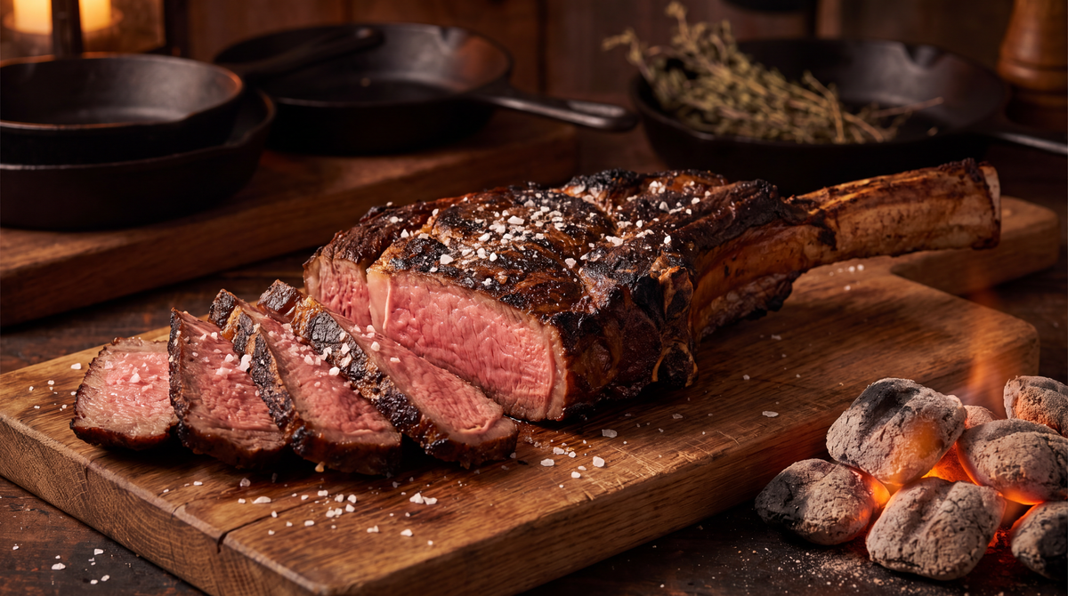 Côte de boeuf met donkere korst naast gloeiende houtskool, rosé aangesneden