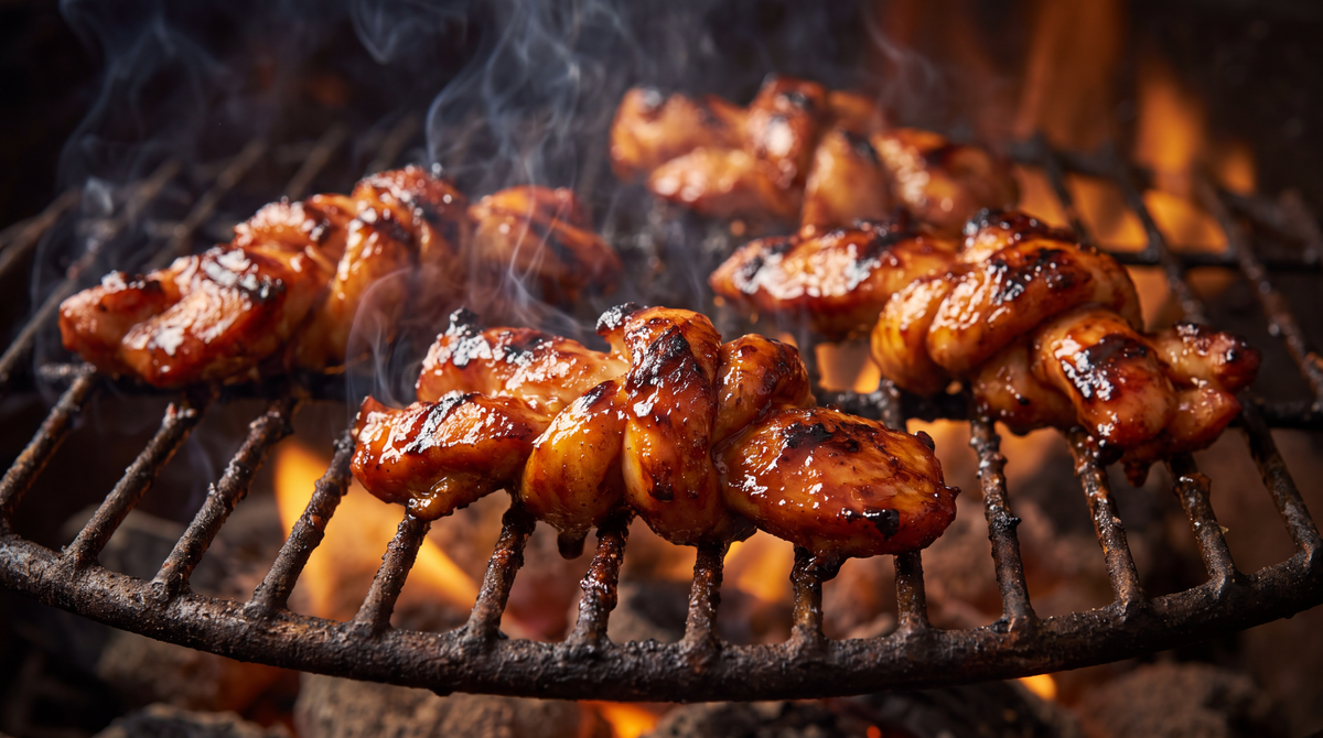 Kipknots met kleverige BBQ-marinade op het rooster van een houtskoolbarbecue