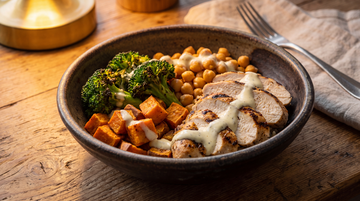 Gezonde bowl met gegrilde kip, zoete aardappel, broccoli en kikkererwten