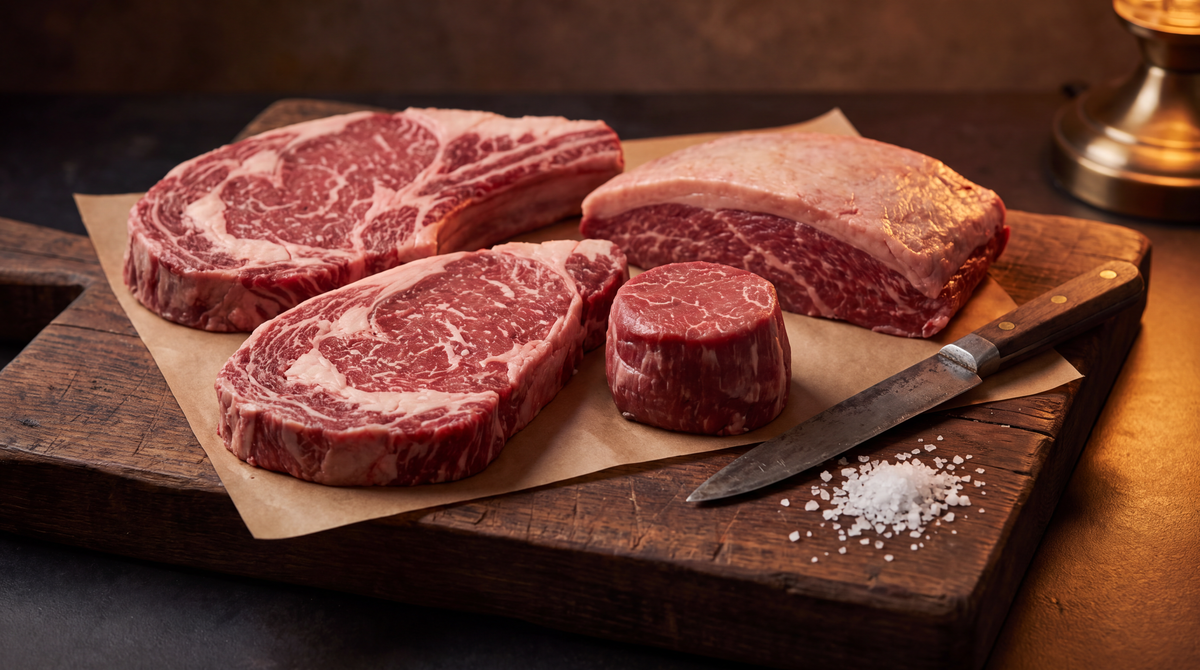 Rauwe premium steaks op slagerspapier met een slagersmes en grof zout