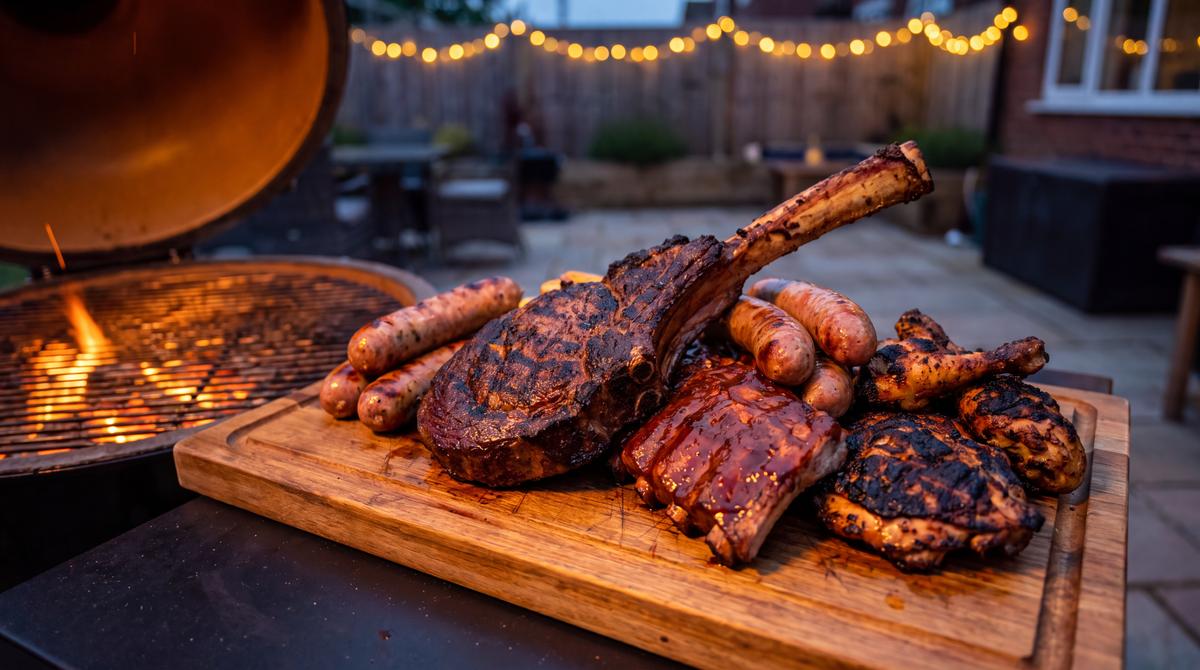Vleesplank met tomahawk, worst, ribs en kip naast een gloeiende barbecue