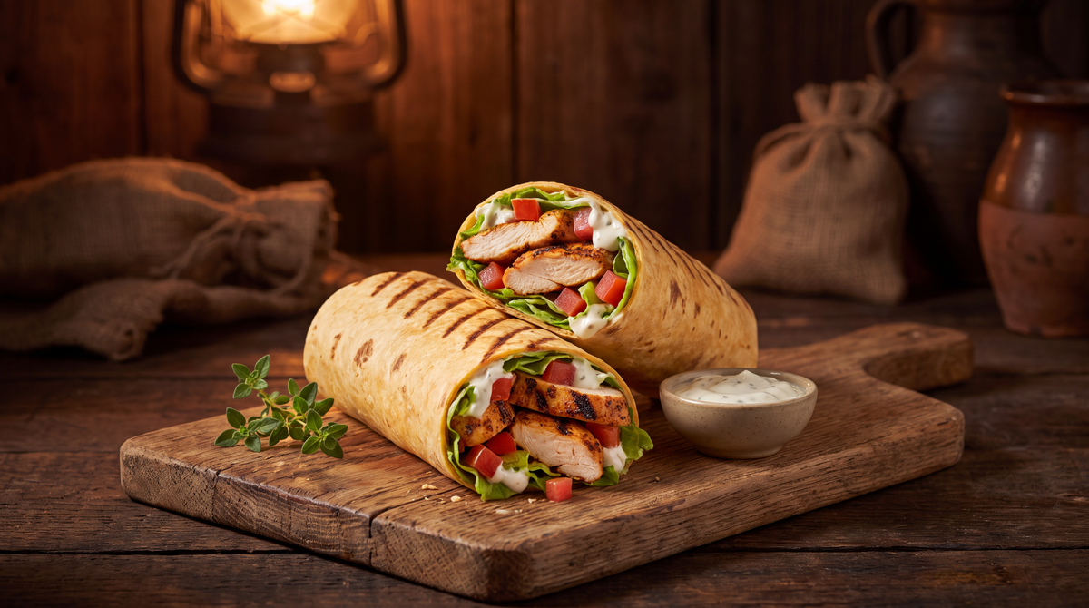 Opgerolde wraps met gekruide kip, sla en knoflooksaus op een houten plank