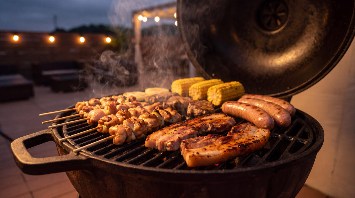 Speklappen, kipspiesjes, worst en maiskolven op een houtskoolbarbecue