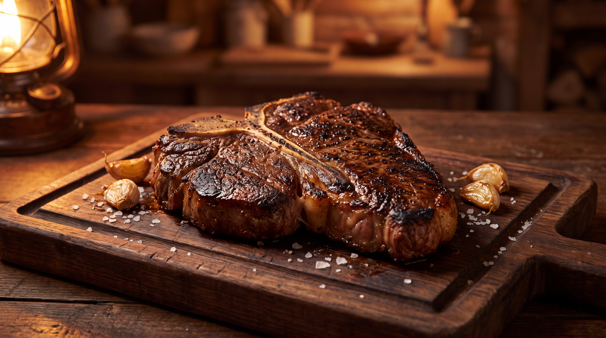 Gegrilde T-bone steak met T-vormig bot op een donkere plank