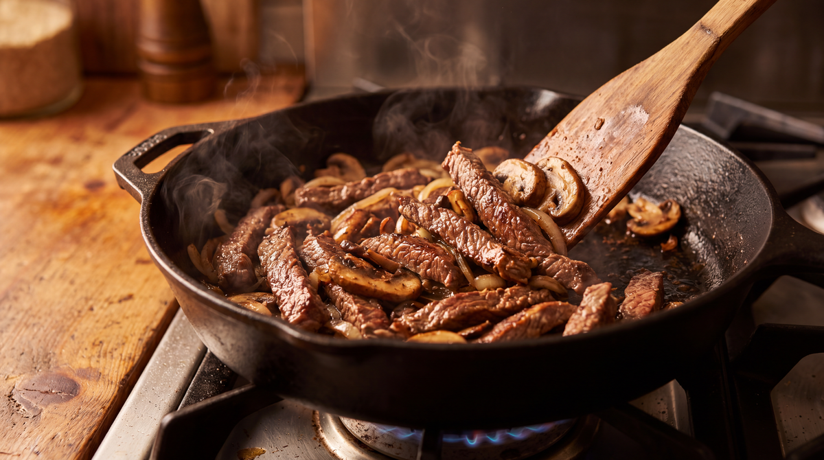 Biefstukreepjes bruin gebakken in een hete gietijzeren pan met champignons en ui