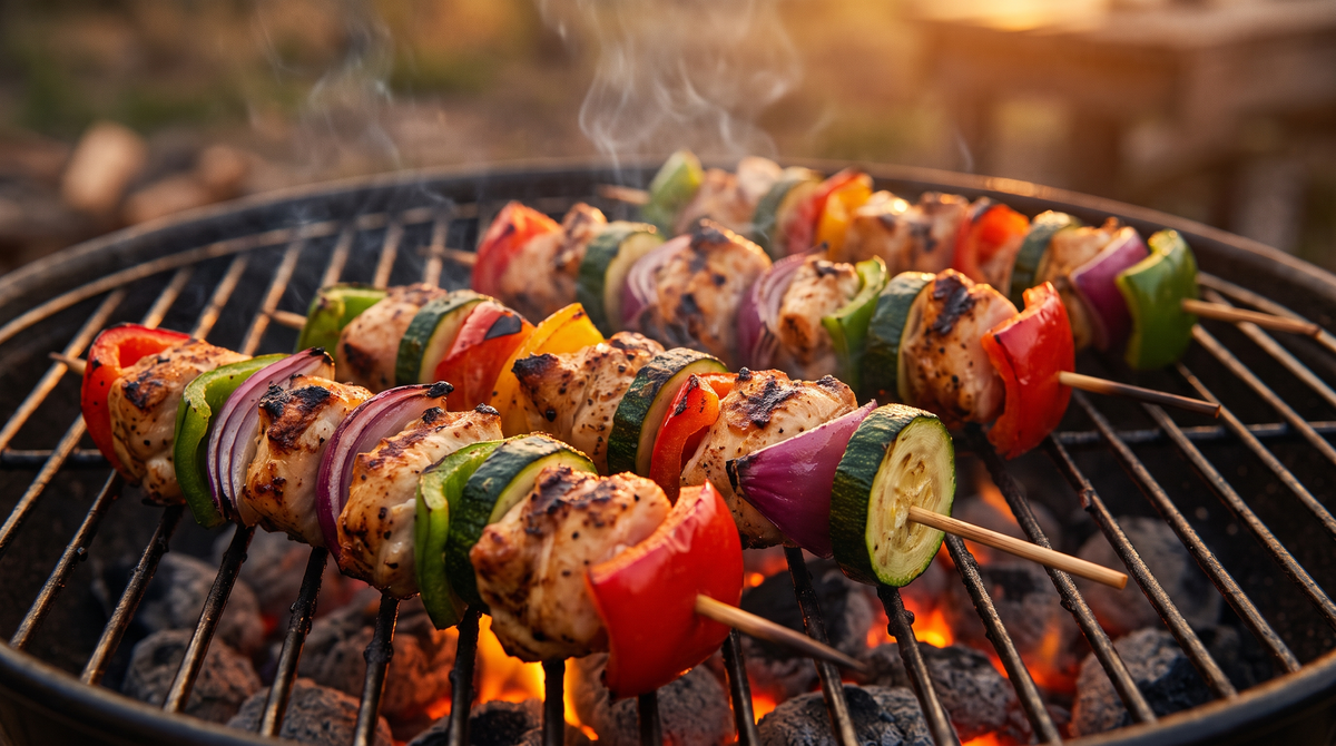 Kipspiesjes met paprika, rode ui en courgette op een houtskoolgrill