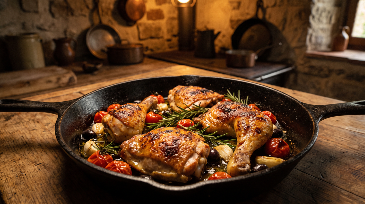 Italiaanse kip uit de oven met cherrytomaten, olijven en rozemarijn in een gietijzeren pan