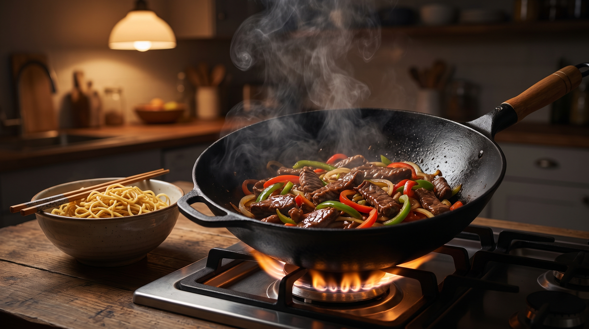 Reepjes rundvlees met paprika en ui in een hete wok