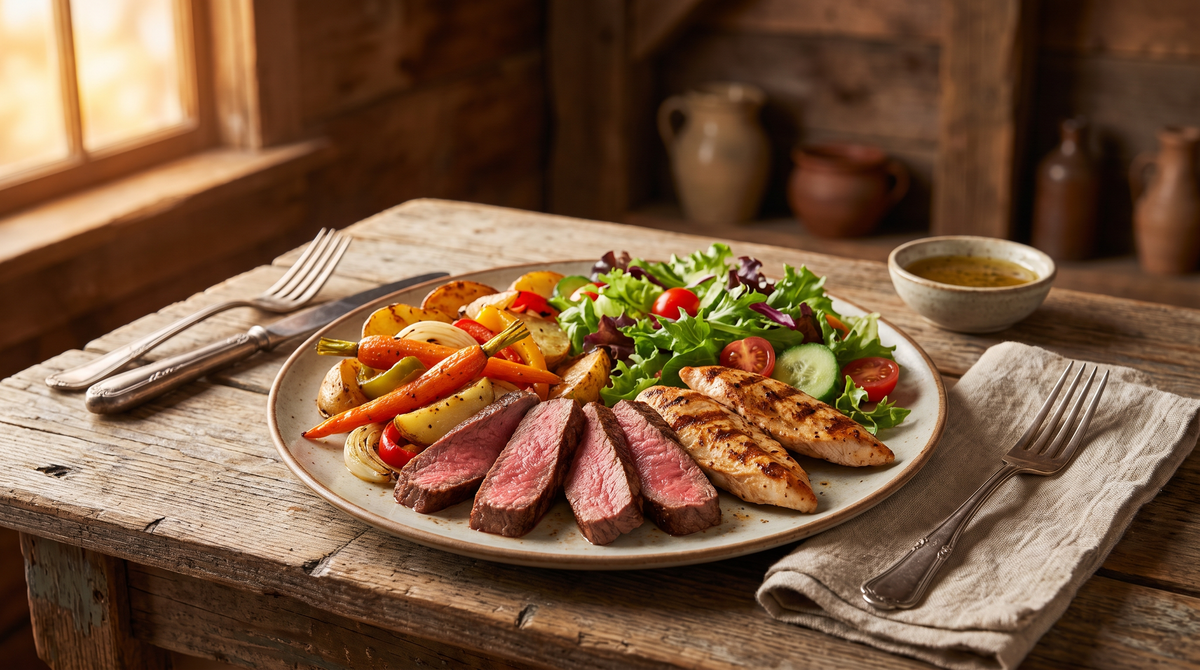 Bord met gesneden steak, gegrilde kip, groenten en salade op een boerentafel