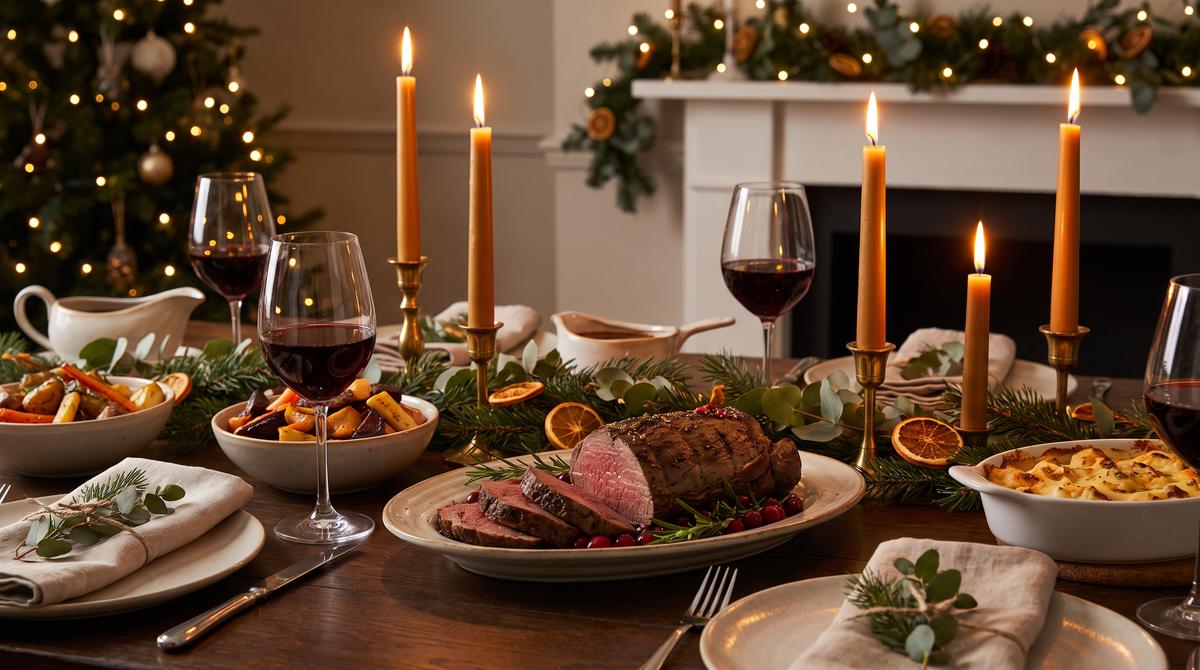 Feestelijk gedekte kersttafel met aangesneden ossenhaas en kaarsen