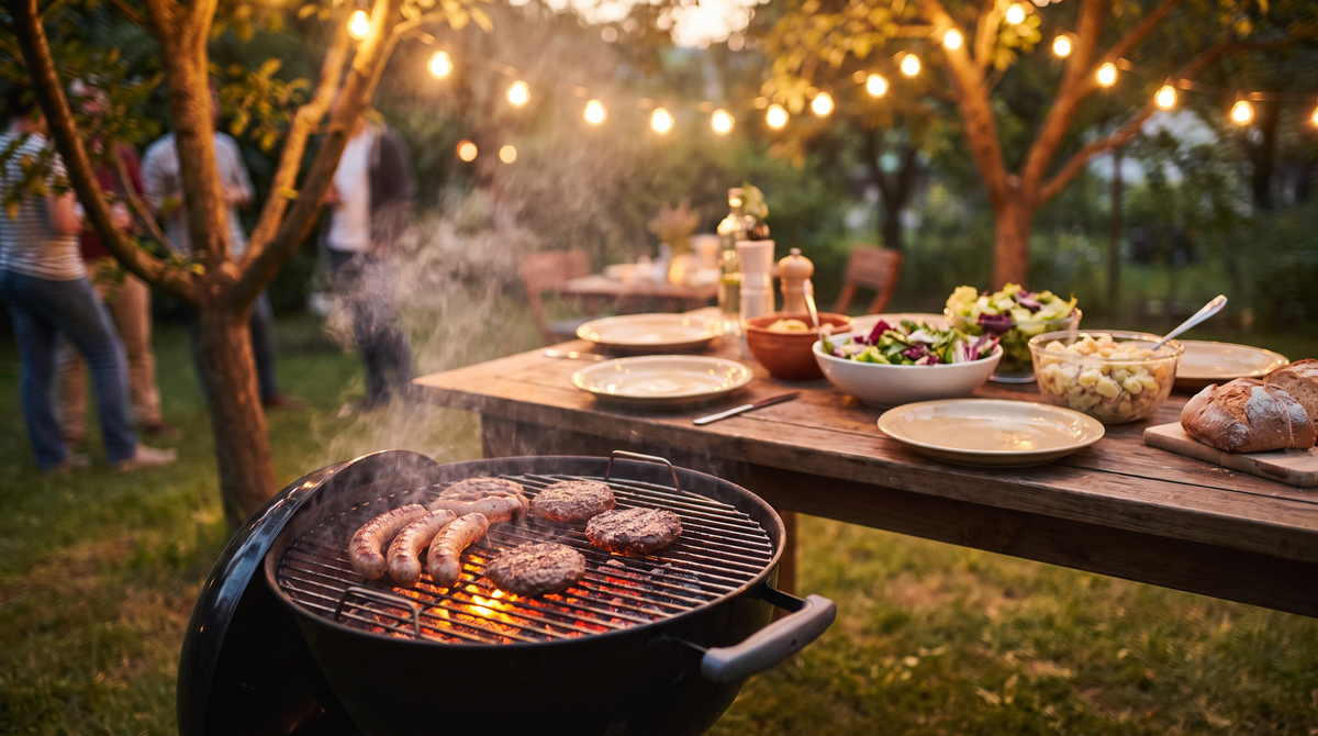 Tuinbarbecue met worst en burgers op de grill en een gedekte tafel