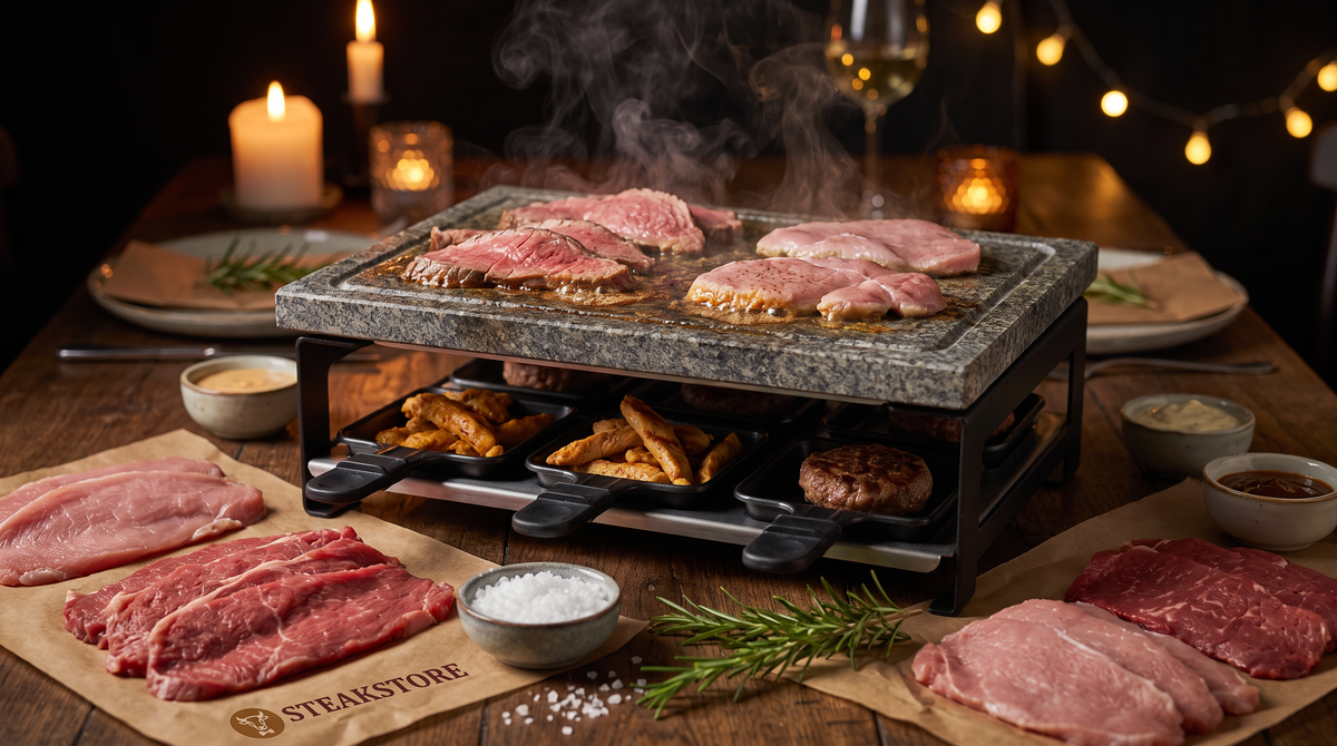 Steengrillen of gourmetten: plakjes biefstuk en kalfsbiefstuk op een hete steengrill met gourmetpannetjes eronder