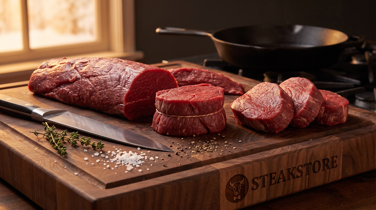 Hele ossenhaas verdelen: schoongemaakte ossenhaas met tournedos, chateaubriand en staartstuk op een houten snijplank