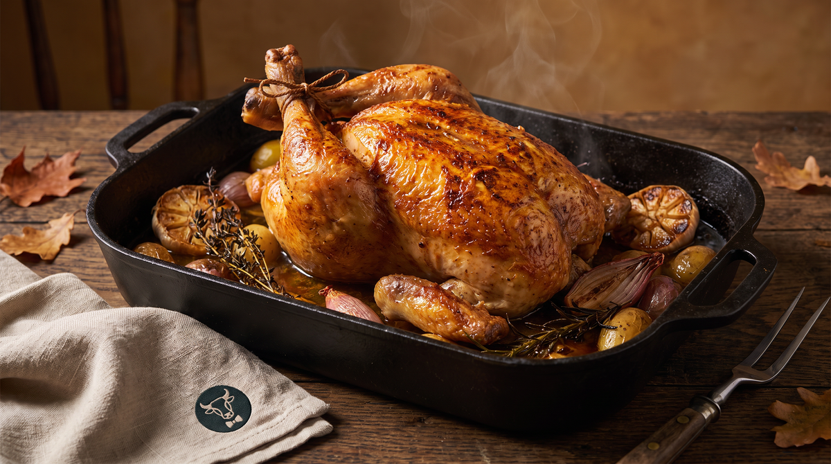 Hele kip in de oven met krokant goudbruin vel in een gietijzeren braadpan met aardappelen, knoflook en tijm