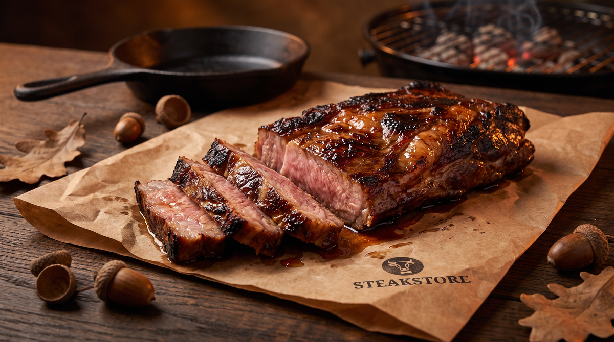 Gegrilde Iberico varkensvlees ribfingers met krokante korst op slagerspapier tussen eikels