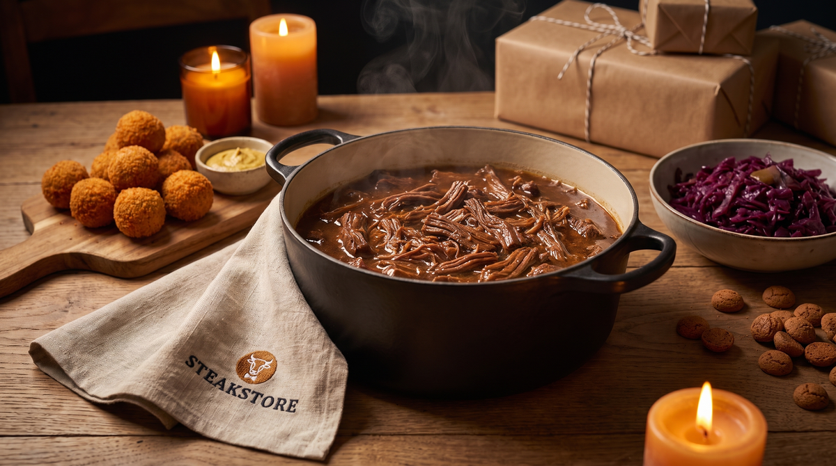 Pakjesavond eten: gedekte tafel met een pan draadjesvlees, bitterballen en rode kool bij kaarslicht
