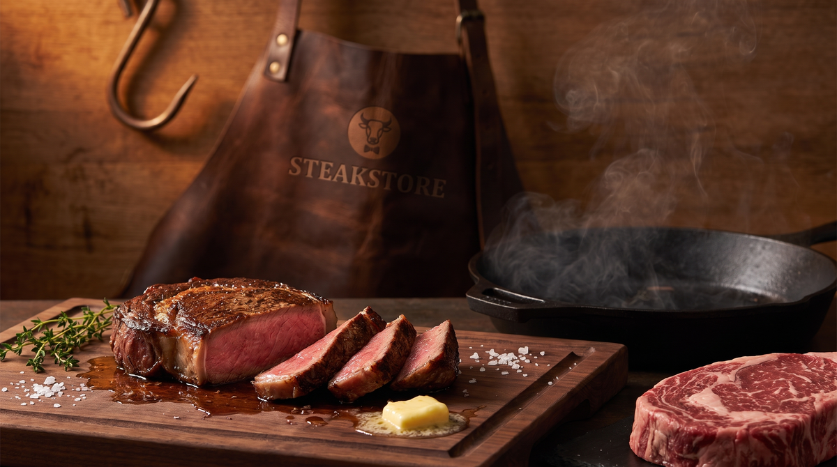 Rundvlees bereiden: aangesneden ribeye met korst en rosé kern naast een gietijzeren pan