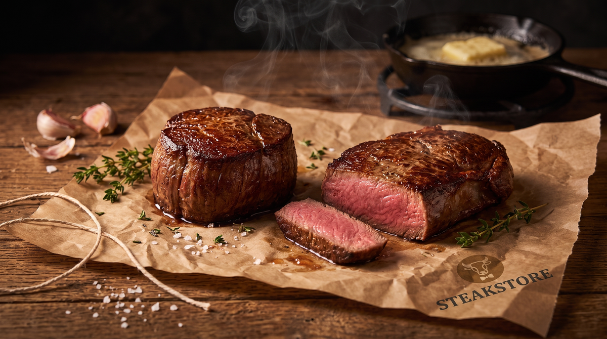 Biefstuk of ossenhaas: aangebakken tournedos en kogelbiefstuk op slagerspapier, één aangesneden met rosé kern
