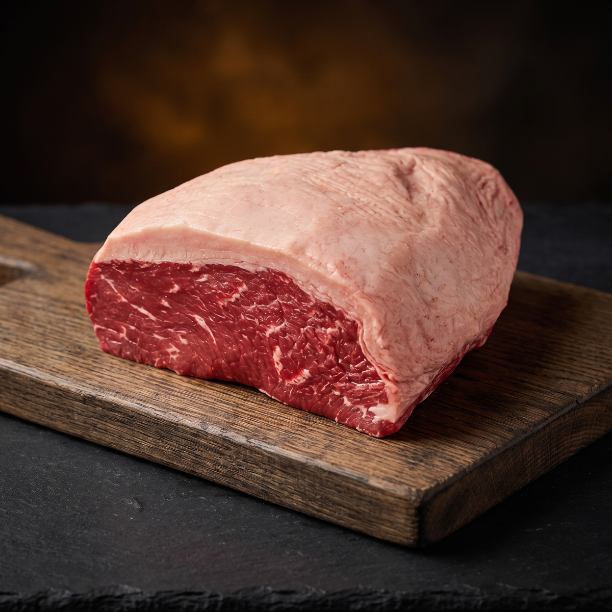 Picanha Black Angus met vetkap op een houten plank